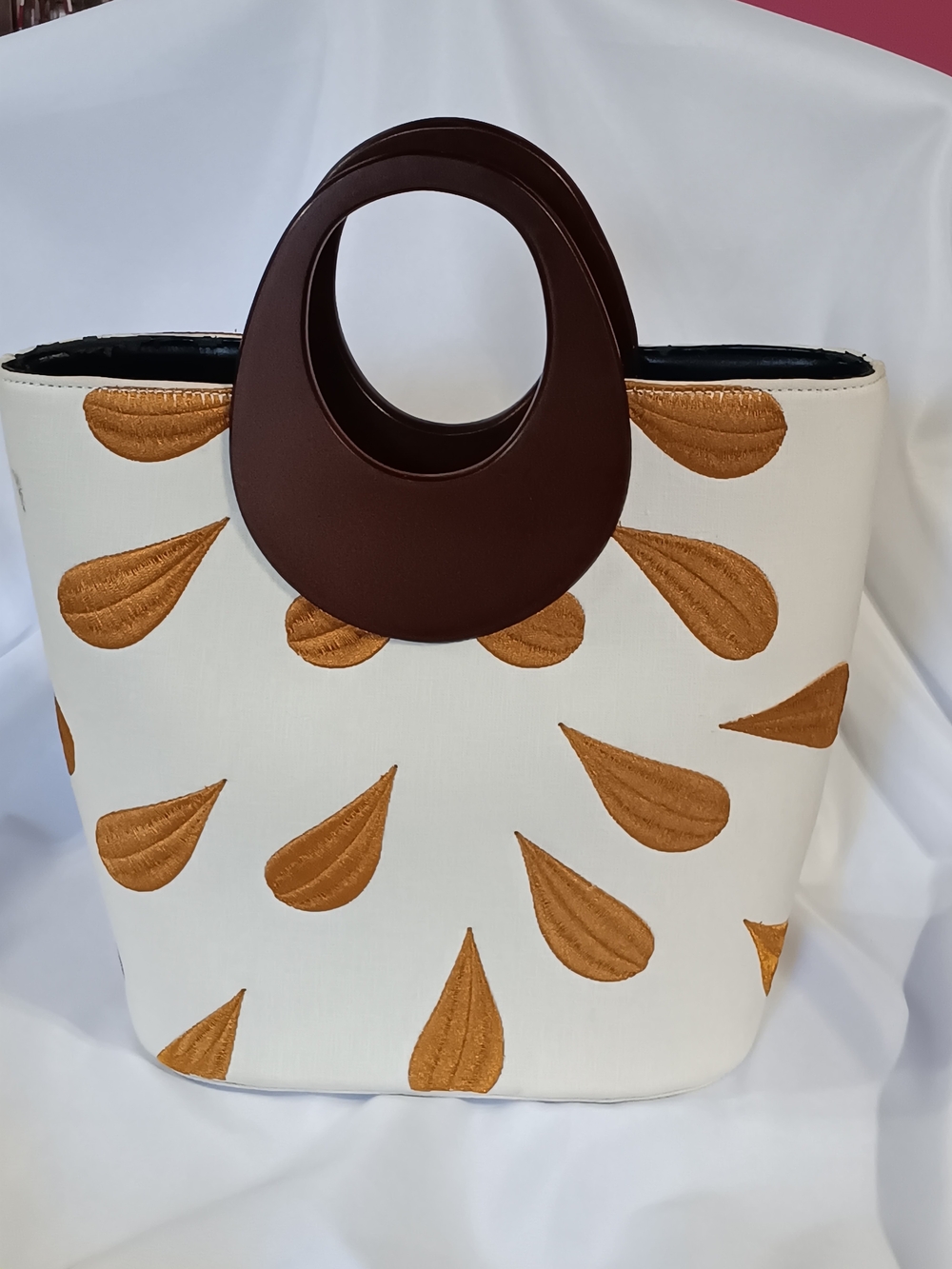 Women's White Tote Bag with Brown Leaf Embroidery and Brown Handles